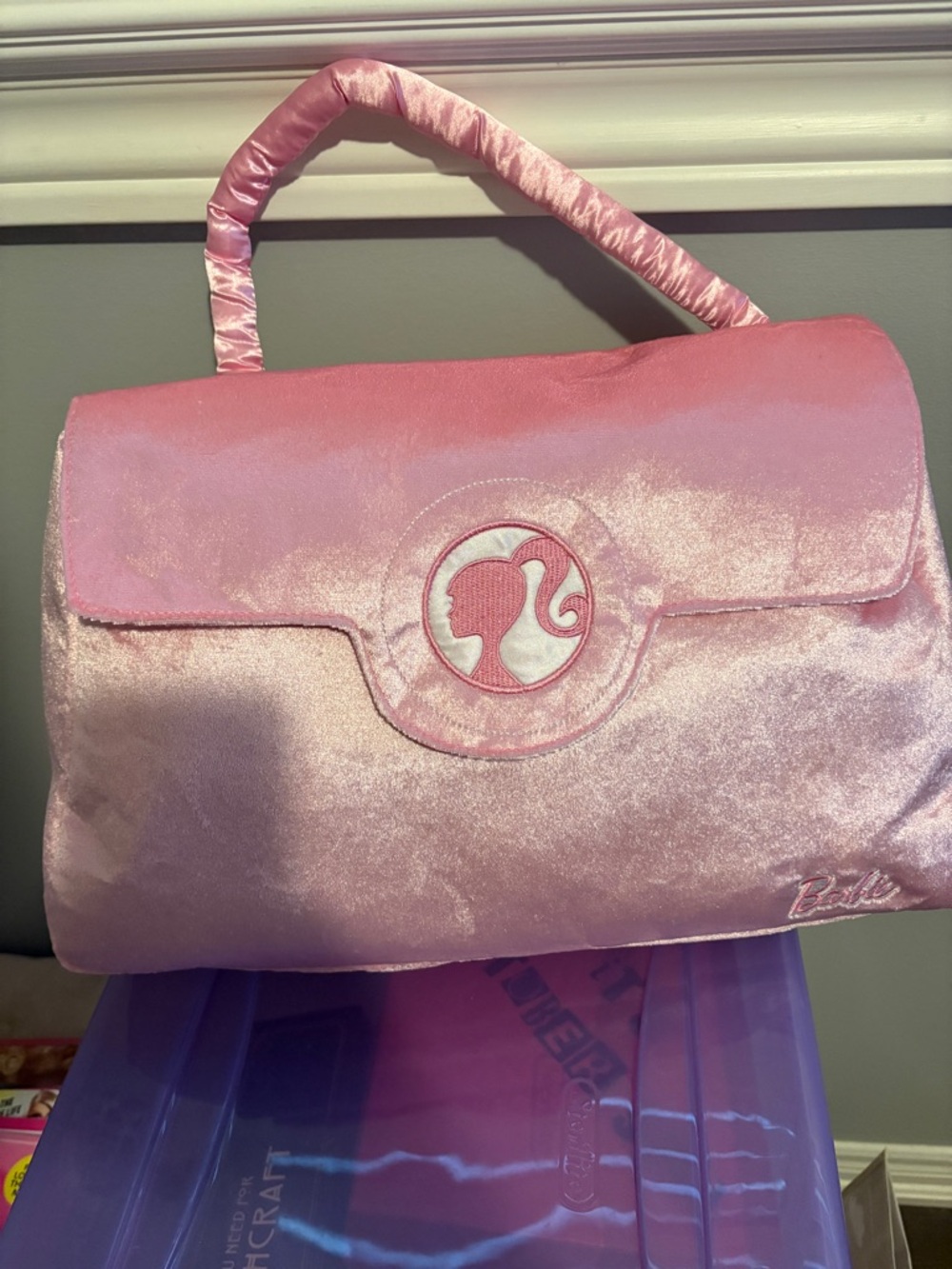 Barbie Shimmer Pink Satin Satchel Pillow with Logo